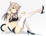  animal_ears arm_ribbon arm_support bell bell_collar breasts cat_ears cat_tail cleavage collar crop_top crop_top_overhang fake_animal_ears from_side garter_straps grey_hair high_heels jingle_bell leg_up long_hair long_legs looking_at_viewer medium_breasts midriff mmu navel original ribbon shiny shiny_skin shoe_dangle shoes shorts sitting smile solo tail thighhighs white_legwear yellow_eyes 