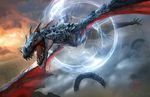  cloudscape dragon dutch_angle feral flying jason_felix magic_the_gathering official_art open_mouth scalie sharp_teeth signature sky spines spread_wings teeth wings wyvern 