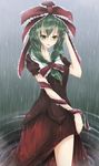  arm_ribbon bad_id bad_pixiv_id bow commentary_request dress flower frills front_ponytail green_eyes green_hair hair_bow hair_ribbon highres kagiyama_hina long_hair open_mouth puffy_short_sleeves puffy_sleeves red_dress ribbon short_sleeves smile solo touhou toyosaki_shu upper_body water wet wet_clothes wrist_ribbon 