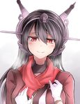  black_hair breath eyebrows eyebrows_visible_through_hair gloves grey_background hair_between_eyes hairband hat head_tilt headgear highres jacket kantai_collection looking_at_viewer mini_hat nagato_(kantai_collection) neit_ni_sei open_clothes open_jacket pov red_eyes red_jacket red_scarf scarf simple_background smile solo_focus upper_body white_gloves 