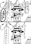  6_9 ? birthday_cake bow cake comic commentary eyeball food greyscale hat hat_bow heart heart_of_string komeiji_koishi monochrome nicetack open_mouth simple_background spoken_question_mark strabismus third_eye touhou translated wall-eyed 