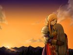  agrias_oaks armor blonde_hair braid closed_eyes drill_hair final_fantasy final_fantasy_tactics gloves hug knight long_hair multiple_girls outdoors ovelia_atkascha rawza shoulder_pads silver_hair single_braid smile standing sun sunset twin_braids very_long_hair 