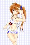  adapted_costume armpits blue_eyes breasts brown_hair cleavage hair_ornament highres jewelry long_hair looking_at_viewer lyrical_nanoha mahou_shoujo_lyrical_nanoha medium_breasts navel necklace one_eye_closed raising_heart short_shorts shorts side_ponytail smile solo sonyntendo takamachi_nanoha 