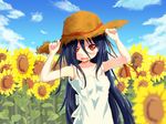  adjusting_clothes adjusting_hat azumawari_(azumofu) bangs blue_hair blue_sky blush child cloud collarbone commentary_request day dress field flower flower_field hair_between_eyes hair_over_eyes hand_on_headwear hat long_hair looking_at_viewer nature open_mouth outdoors petals plant red_eyes sky solo standing straw_hat sun_hat sunflower the_ring upper_body very_long_hair yamamura_sadako 