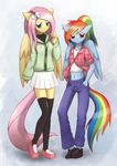  2016 anthro anthrofied clothed clothing cute duo equine feathered_wings feathers female fluttershy_(mlp) friendship_is_magic hair hoodie howxu legwear mammal multicolored_hair multicolored_tail my_little_pony navel pants pegasus pink_hair rainbow_dash_(mlp) rainbow_hair rainbow_tail red_eyes shirt skirt standing thigh_highs wings 