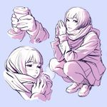  1girl coffee_cup highres ilya_kuvshinov monochrome original scarf short_hair simple_background solo 