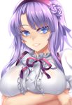  bangs blue_eyes breast_hold breasts center_frills dagashi_kashi fi-san frills hairband highres large_breasts looking_to_the_side parted_lips purple_hair ribbon ringed_eyes shidare_hotaru smile solo upper_body 