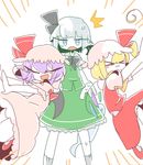  &gt;_&lt; 3girls :3 :d blonde_hair blue_eyes bow bowtie chibi closed_eyes commentary_request dress flandre_scarlet girl_sandwich hairband konpaku_youmu long_sleeves multiple_girls op_na_yarou open_mouth pink_dress pumps remilia_scarlet sandwiched short_hair side_ponytail silver_hair simple_background smile standing sweatdrop touhou v-shaped_eyebrows vampire vest white_background wince x3 