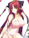  breasts character_request demon_horns forehead_jewel horn_ornament horns large_breasts long_hair looking_at_viewer naked_towel red_hair sengoku_collection sitting smile solo takatou_suzunosuke towel very_long_hair yellow_eyes 