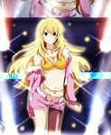  asymmetrical_legwear blonde_hair breasts cleavage daruma_(lvckmbygsa) green_eyes hoshii_miki idolmaster idolmaster_(classic) jewelry long_hair medium_breasts navel necklace pantyhose pink_diamond_765 pink_shorts short_shorts shorts solo 