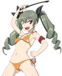  anchovy bikini drill_hair girls_und_panzer grey_hair long_hair nanashino purple_eyes riding_crop solo swimsuit twin_drills twintails 