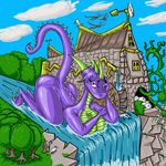  anthro breasts butt caprine cloud dragon female horn looking_at_viewer macro mammal nude purple_skin river sheep sky tree waterfall zhmernalt 