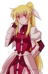  :o armor armored_dress blonde_hair blush cosplay fate_testarossa hair_ribbon highres long_hair lyrical_nanoha mahou_shoujo_lyrical_nanoha_strikers ponytail red_eyes ribbon signum signum_(cosplay) sm318 solo very_long_hair 