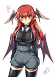  alternate_costume arms_behind_back bangs black_legwear black_shirt blue_shorts blush bow bowtie breasts cowboy_shot demon_wings gradient_eyes hair_between_eyes head_tilt head_wings heart highres koakuma large_breasts long_hair looking_at_viewer multicolored multicolored_eyes orange_eyes pointy_ears ryuuno_stadtfeld shiny shiny_clothes shiny_hair shirt shorts sidelocks signature simple_background smile solo suspenders taut_clothes taut_shirt thighhighs thighs touhou turtleneck white_background wings 