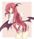  ;d alternate_costume ass bat_wings blush border chata_maru_(irori_sabou) commentary_request contrapposto fang head_tilt head_wings koakuma long_hair looking_at_viewer looking_back low_wings naked_sweater one_eye_closed open_mouth outside_border pink_background red_eyes red_hair ribbed_sweater simple_background smile solo standing sweater touhou very_long_hair white_border wings 