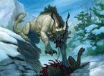  big_ears blood carl_frank claws corpse death dripping fangs feline feral front_view landscape looking_at_viewer magic_the_gathering mammal monster mountain muscular official_art open_mouth quadruped signature snarling snow solo tree tusks 
