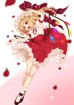  :d adapted_costume ballerina blonde_hair blurry bow center_frills crystal fang flandre_scarlet flat_chest frilled_skirt frills full_body gem gotoh510 gradient gradient_background hat hat_bow hat_ribbon high-waist_skirt highres legs long_hair mob_cap neck_ribbon one_side_up open_mouth outstretched_arms petals pointy_ears puffy_short_sleeves puffy_sleeves red_bow red_eyes red_footwear red_ribbon red_skirt ribbon shirt shoes short_sleeves simple_background skirt skirt_lift smile socks solo sparkle touhou upskirt white_hat white_legwear white_shirt wings 