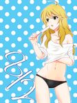  black_panties blonde_hair breasts cleavage food green_eyes hand_under_clothes hoshii_miki ice_cream idolmaster idolmaster_(classic) kiyo3270 long_hair medium_breasts navel panties shirt solo underwear white_shirt 