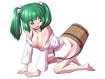  all_fours bottomless breasts bucket chamupei cleavage closed_eyes green_eyes green_hair hair_bobbles hair_ornament in_bucket in_container japanese_clothes kimono kisume large_breasts long_hair older open_mouth solo textless thighs touhou twintails white_background wooden_bucket yukata 