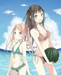  aquariumtama bikini blue_eyes breasts brown_hair character_request cleavage cloud day flat_chest food front-tie_bikini front-tie_top fruit green_bikini green_eyes hair_ribbon highres holding long_hair looking_at_viewer medium_breasts multiple_girls ocean open_mouth original ribbon side-tie_bikini sky small_breasts swimsuit twintails watermelon 