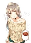  aran_sweater bare_shoulders blush brown_eyes coffee collarbone cup hair_down highres ksk_(semicha_keisuke) long_hair love_live! love_live!_school_idol_project minami_kotori mug off-shoulder_sweater off_shoulder ribbed_sweater shorts sketch smile solo steam sweater 