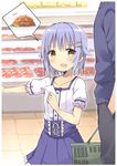  1girl :d amaa_(chou_dennou_jidai) brown_eyes convenience_store food hair_flaps hair_intakes hair_ornament hairclip hand_in_pocket holding holding_paper idolmaster idolmaster_cinderella_girls koshimizu_sachiko meat open_mouth outstretched_arm paper purple_hair shop shopping_basket short_hair skirt smile solo_focus spoken_object 