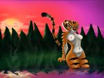  anthro astraldog breasts dreamworks feline female fur hot_spring kung_fu_panda looking_at_viewer mammal master_tigress navel nude outside solo stripes sunset tiger water white_fur 