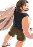  beard brown_hair cargo_shorts dutch_angle facial_hair from_behind jacket_over_shoulder labcoat looking_at_viewer male_focus odamaki_(pokemon) poke_ball pokemon pokemon_(game) pokemon_rse sandals shorts smile solo tank_top 