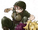  1girl a-king blonde_hair blood blood_splatter boots breasts brown_eyes brown_hair clenched_teeth combat_boots commentary_request gate_-_jieitai_ka_no_chi_nite_kaku_tatakaeri gloves helmet kuribayashi_shino load_bearing_vest medium_breasts military military_uniform punching short_hair simple_background sling teeth uniform white_background zorzal_el_caesar 