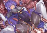  bad_id bad_pixiv_id blue_eyes blush bodysuit boots breasts clenched_teeth covered_nipples cum cum_on_body cum_on_lower_body cum_on_upper_body elbow_gloves gloves high_heel_boots high_heels hijiri large_breasts mechanical_ears navel purple_hair restrained skin_tight solo spread_legs teeth tentacles thigh_boots thighhighs 