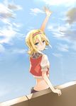  arm_up blonde_hair blue_eyes blush cloud commentary_request crop_top day hairband looking_at_viewer looking_back ocean reema_(suisei_no_gargantia) short_hair sky smile solo suisei_no_gargantia tears tsuedzu 