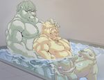  2016 bathtub bear biceps big_muscles brown_eyes brown_fur bulge claws clothing collar couple cute digital_media_(artwork) duo eyewear fangs fur glasses grey_eyes grey_fur grey_hair hair hand_on_head hand_on_leg hi_res male male/male mammal muscular nipples open_mouth pecs ponpokora pubes relaxing shower simple_background sitting size_difference slightly_chubby topless underwear water 