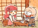  1girl bald bowl chibita chopsticks dress flower flower_fairy_(osomatsu-kun) hair_flower hair_ornament heart heart_in_mouth kuri_(shibimame) osomatsu-kun pink_hair rice_bowl seiza sitting sliding_doors table 