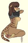  anthro areola bottomless breasts clothed clothing female invalid_tag kneeling looking_at_viewer looking_back mammal marsupial nipples puddingpaw scar simple_background solo thylacine undressing white_background 