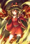  asakurashinji bandages belt black_legwear brown_hair cloak dress eyepatch fingerless_gloves fire gloves hat highres kono_subarashii_sekai_ni_shukufuku_wo! looking_at_viewer megumin open_mouth outstretched_arm red_eyes short_hair single_thighhigh solo staff thighhighs witch_hat 