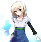  :o bangs blonde_hair blue_skirt blush bow breasts brown_eyes collarbone commentary_request eyebrows_visible_through_hair high-waist_skirt long_sleeves looking_at_viewer open_mouth original short_over_long_sleeves short_sleeves skirt small_breasts solo tied_sleeves tsuedzu upper_body 