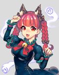  :d animal_ears bad_id bad_pixiv_id bell blush bow braid breasts cat_ears cheong_ha dress extra_ears fang green_dress hair_bow hitodama jingle_bell kaenbyou_rin long_hair long_sleeves looking_at_viewer medium_breasts open_mouth paw_pose red_eyes red_hair simple_background smile solo touhou twin_braids 