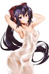  absurdres armpits black_hair breasts cowboy_shot deel_(rkeg) dress hair_ribbon highres long_hair no_bra no_panties noihara_himari omamori_himari ponytail purple_eyes ribbon sideboob small_breasts smile solo spaghetti_strap very_long_hair white_background white_dress 