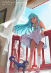  against_railing animal balcony bandages barefoot blue_eyes blue_hair cat character_request day leaning leaning_on_object long_hair looking_down railing see-through segamark skirt sky smile solo 