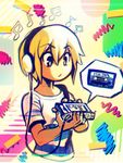  ami_dixie beamed_eighth_notes blonde_hair blue_eyes cassette_player eighth_note headphones looking_down lowres multicolored multicolored_background musical_note nitrotitan original shirt solo striped striped_shirt tan torso upper_body 