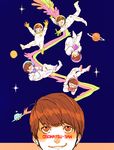  :3 astronaut bad_id bad_pixiv_id blue_background brothers brown_eyes brown_hair character_name chin_stroking copyright_name looking_up male_focus matsuno_choromatsu matsuno_ichimatsu matsuno_juushimatsu matsuno_karamatsu matsuno_osomatsu matsuno_todomatsu multiple_boys osomatsu-kun osomatsu-san planet pummy sextuplets siblings simple_background smile spacesuit sweatdrop ufo wall-eyed 