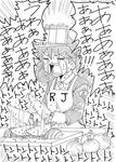  =_= absurdres apron chopping closed_eyes comic commentary crying cutting_board dual_wielding greyscale highres holding japanese_clothes kantai_collection kariginu knife kyousaru long_hair long_sleeves magatama monochrome onion ryuujou_(kantai_collection) screaming snot solo sweatdrop table tears translated trembling twintails upper_body visor_cap 