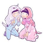  720_72 :3 cosplay crossdressing dress eyelashes feathers formal hood kneeling little_red_riding_hood little_red_riding_hood_(grimm) little_red_riding_hood_(grimm)_(cosplay) male_focus matsuno_osomatsu matsuno_todomatsu multiple_boys necktie osomatsu-kun osomatsu-san simple_background suit tsuru_no_ongaeshi veil white_background yellow_neckwear 