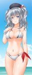 alternate_costume arm_at_side bangs beret bikini blue_eyes blue_sky blurry blurry_background blush breasts byeontae_jagga closed_mouth collarbone cowboy_shot day eyebrows eyebrows_visible_through_hair grey_hair hair_between_eyes hat highres kantai_collection kashima_(kantai_collection) long_hair looking_at_viewer medium_breasts multi-strapped_bikini ocean outdoors pink_lips red_ribbon ribbon scrunchie sky smile solo string_bikini striped swimsuit twintails white_bikini wrist_scrunchie 