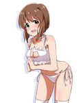  bell blush bob_cut bra breasts brown_eyes brown_hair cat_cutout cat_ear_panties cat_lingerie cleavage cleavage_cutout hagiwara_yukiho idolmaster idolmaster_(classic) jingle_bell lieass medium_breasts meme_attire navel open_mouth panties short_hair side-tie_panties smile solo thighhighs underwear underwear_only 