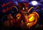  2015 canine collar feral fox fur jack_o&#039;_lantern looking_at_viewer mammal michichael moon multiple_tails night open_mouth outside pumpkin red_fur rukifox sitting solo yellow_eyes 