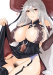  breasts brown_eyes gachou garter_straps granblue_fantasy hat heart large_breasts magisa_(granblue_fantasy) pubic_hair silver_hair solo witch_hat 