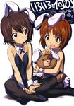  :d animal_ears bare_shoulders boko_(girls_und_panzer) breast_squeeze breasts brown_eyes brown_hair bunny_ears bunny_girl bunny_tail bunnysuit detached_collar fake_animal_ears fishnet_pantyhose fishnets girls_und_panzer hairband highres indian_style kurashima_tomoyasu multiple_girls nishizumi_maho nishizumi_miho object_hug open_mouth pantyhose scan short_hair siblings simple_background sisters sitting small_breasts smile stuffed_animal stuffed_toy tail teddy_bear wariza white_background wrist_cuffs younger 