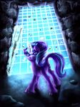  2015 9de-light6 blue_eyes cave cutie_mark equine female feral friendship_is_magic fur glowing hair hi_res horn insane inside looking_at_viewer magic mammal multicolored_hair my_little_pony purple_fur rock smile solo staff starlight_glimmer_(mlp) two_tone_hair unicorn 