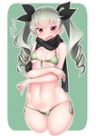  alternate_costume anchovy ass_visible_through_thighs bangs bikini black_ribbon black_scarf blush breasts cowboy_shot cropped_legs drill_hair flying_sweatdrops front-tie_bikini front-tie_top girls_und_panzer green_background green_bikini green_hair groin hair_between_eyes hair_ribbon highres kagami_uekusa long_hair looking_at_viewer red_eyes ribbon rounded_corners scarf side-tie_bikini silver_hair simple_background small_breasts solo stomach striped striped_bikini sweat swimsuit translated twin_drills twintails underboob 